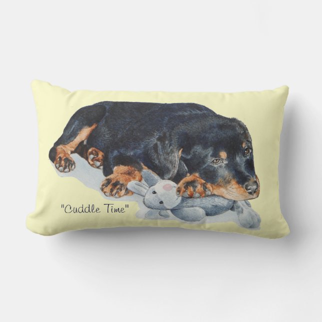 picture of rotty puppy cuddling teddy rottweiler lumbar pillow (Front)