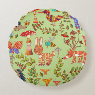 Picture of the forest life. Flora and fauna. Vinta Round Pillow