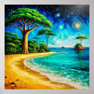 Picturesque Beach with Vibrant Blue Sky Poster