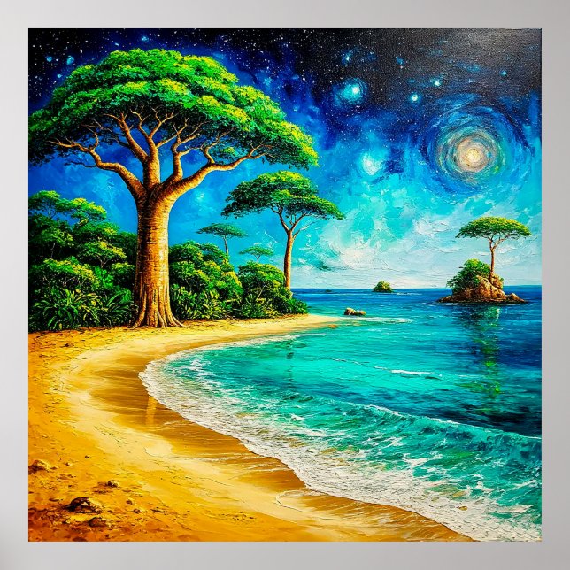 Picturesque Beach with Vibrant Blue Sky Poster (Front)