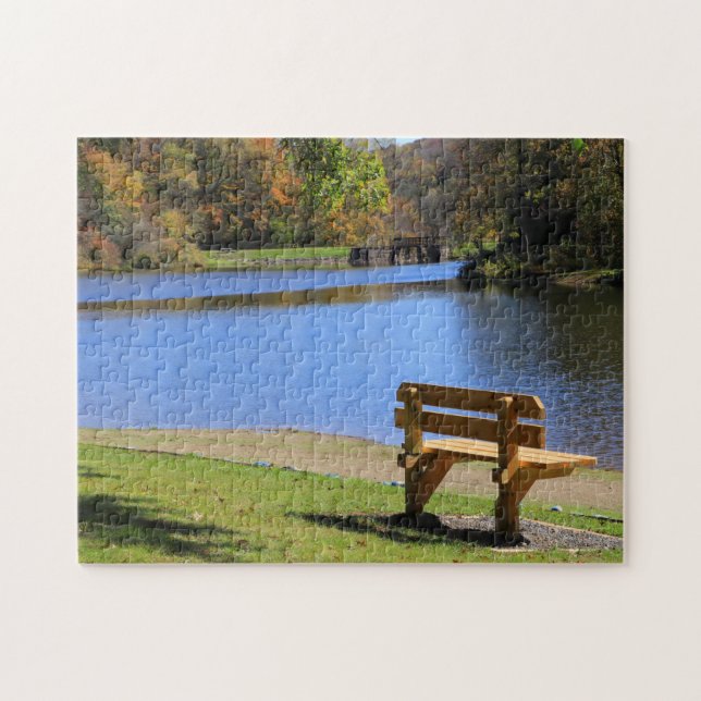 Picturesque Colourful Fall Twin Lakes Park Bench Jigsaw Puzzle (Horizontal)