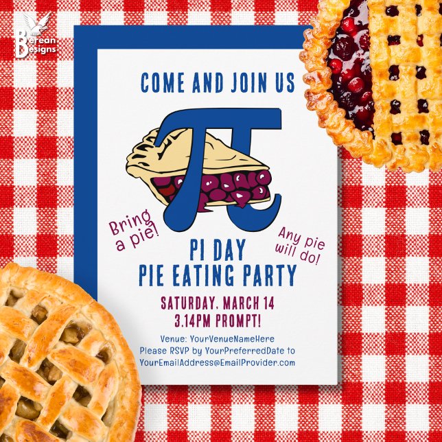 Pie Eating PI DAY Party Invitation (Fun PI DAY party invitation featuring cherry pie and PI math symbol. Matching party supplies.)