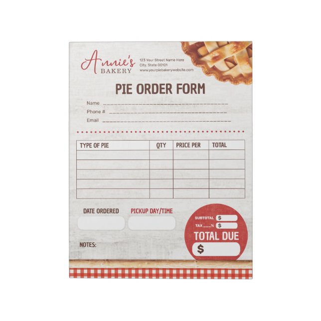 Pie for Bakery Custom Order Form Notepad (Rotated)