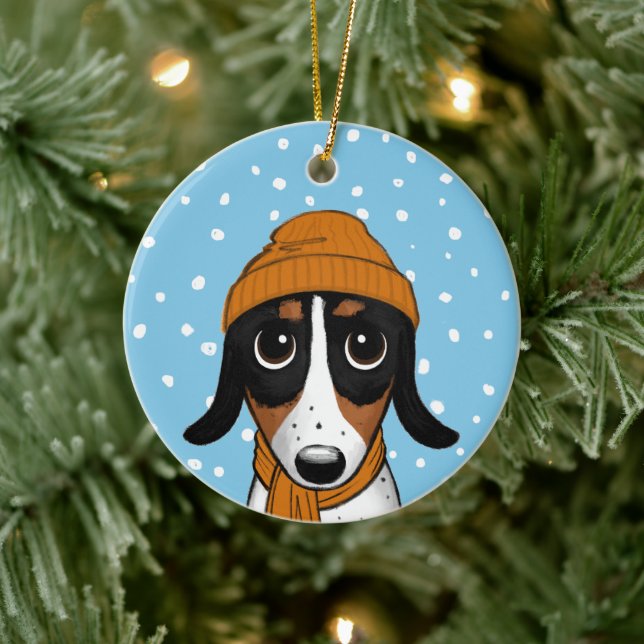 Piebald Dachshund Cute Winter Dog Holiday Ceramic  Ceramic Ornament (Tree)