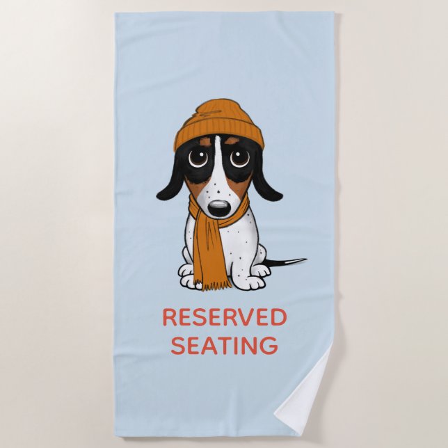 Piebald Dachshund Dog with Hat and Custom Text Beach Towel (Front)