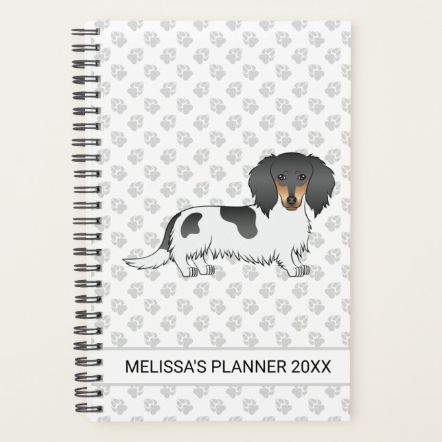 Piebald Noir Et Tan Cheveux Long Dachshund Et Text (Devant)