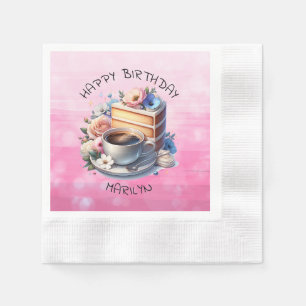 Piece of Birthday Cake, Cup of Coffee and Flowers Napkin