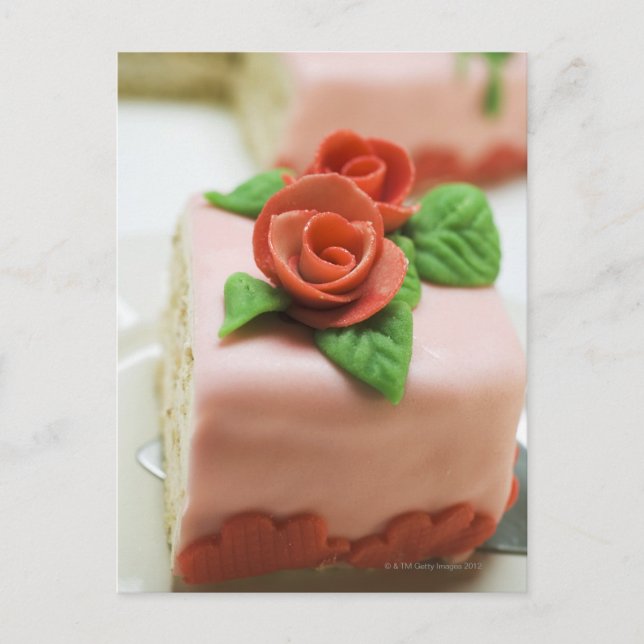 Piece of birthday cake with marzipan roses on postcard (Front)