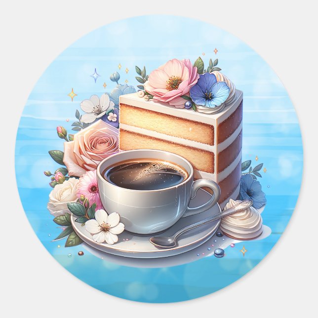 Piece of Cake, Cup of Coffee and Flowers Classic Round Sticker (Front)