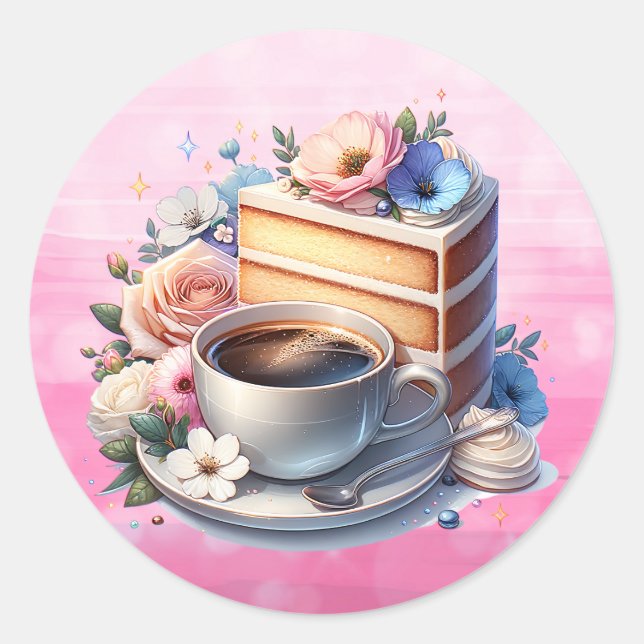 Piece of Cake, Cup of Coffee and Flowers Classic Round Sticker (Front)
