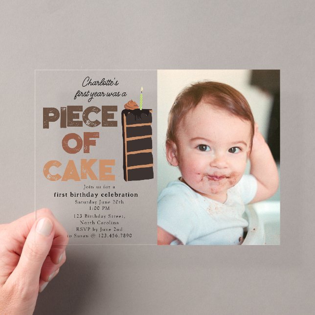 Piece of Cake Invite 1st  First Birthday Photo Acrylic Invitations (Insitu (Handheld))