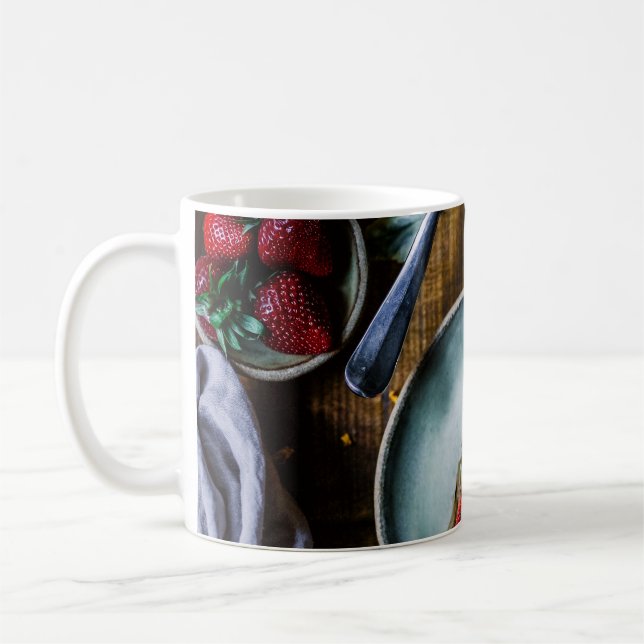 PIECE OF CAKE SERVED ON ROUND GRAY CERAMIC PLATE COFFEE MUG (Left)