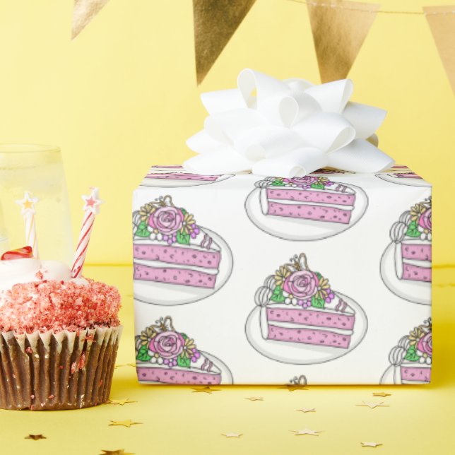 Piece of Cake with Flowers and Butterfies Wrapping Paper (Birthday Party)