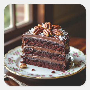 Piece of German Chocolate Cake on a Fancy Plate Square Sticker