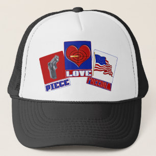 PIECE  (PEACE)  LOVE (HEART)  FREEDOM (USA FLAG) TRUCKER HAT
