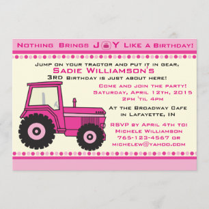 Pièce rose Tracteur Anniversaire Fête Invitation