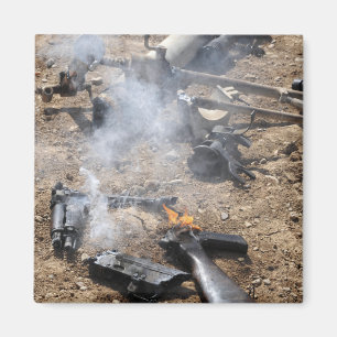 Pieces of enemy weapons lay out to cool off magnet