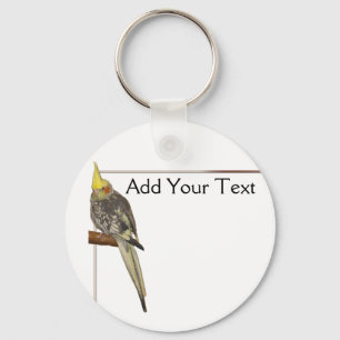 Pied Cockatiel on a Branch with White Keychain