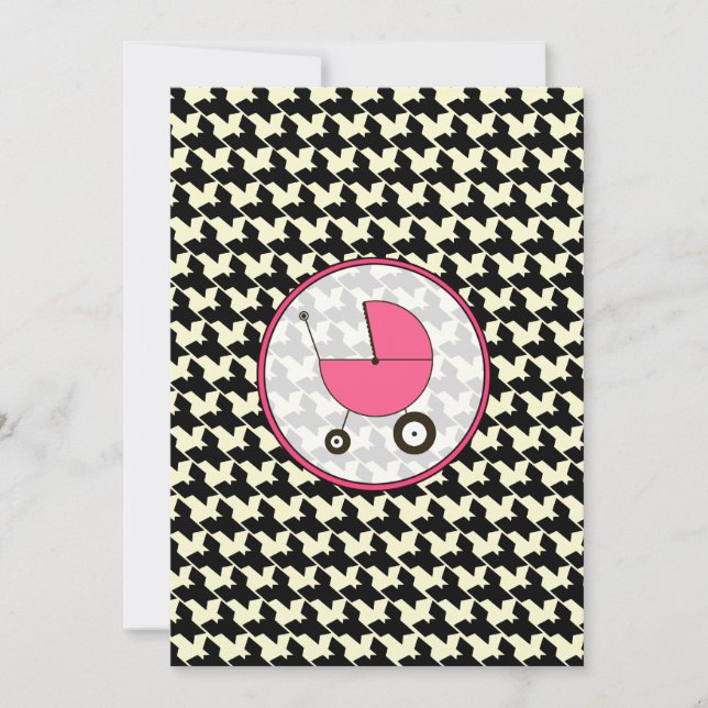 Pied-de-poule et invitation rose de baby shower (Devant)