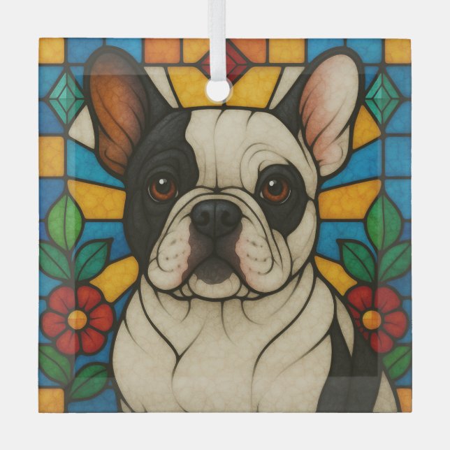 Pied French Bulldog Dog "Stained Glass" Glass Ornament (Front)
