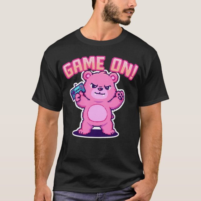 Pielated Pink Bear Gaming Design gift friends T-Shirt (Front)