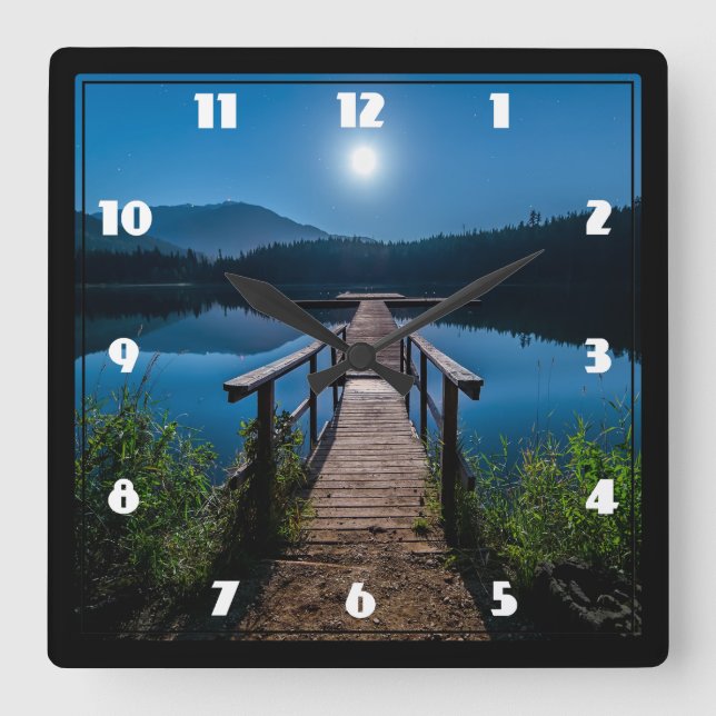 Pier at Night under a Full Moon Square Wall Clock (Front)
