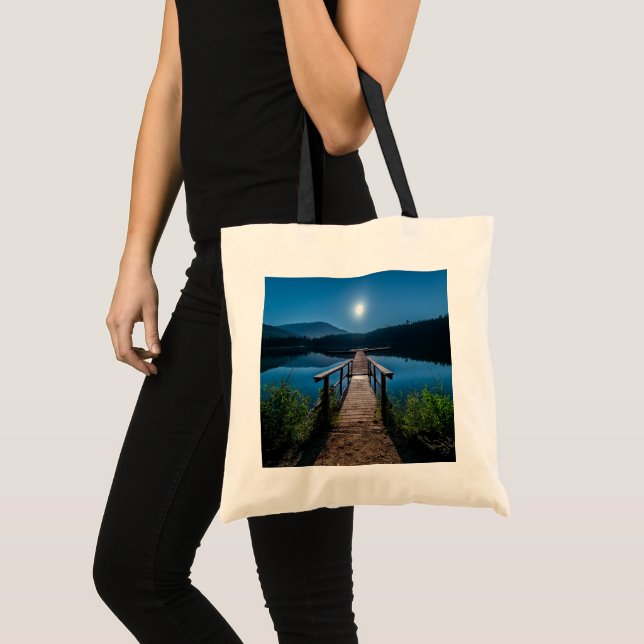 Pier at Night under a Full Moon Tote Bag (Front (Product))