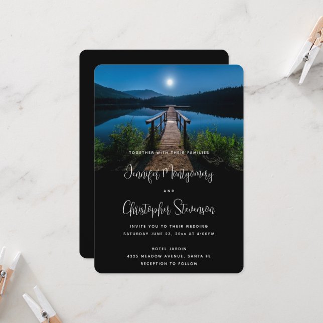 Pier at Night under a Full Moon Wedding Invitation (Front/Back In Situ)