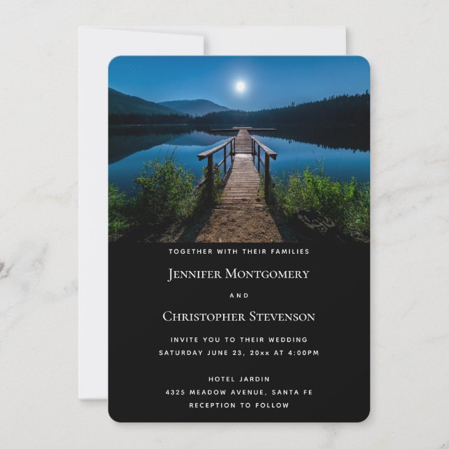 Pier at Night under a Full Moon Wedding Invitation (Front)