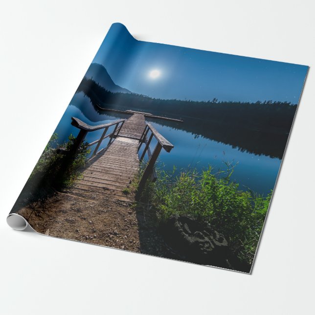 Pier at Night under a Full Moon Wrapping Paper (Unrolled)