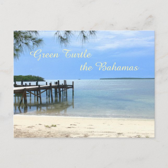"PIER AT QUIET BEACH/GREEN TURTLE, THE BAHAMAS" POSTCARD (Front)
