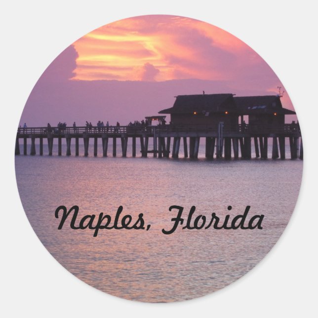 pier in Naples, Florida at sunset Classic Round Sticker (Front)