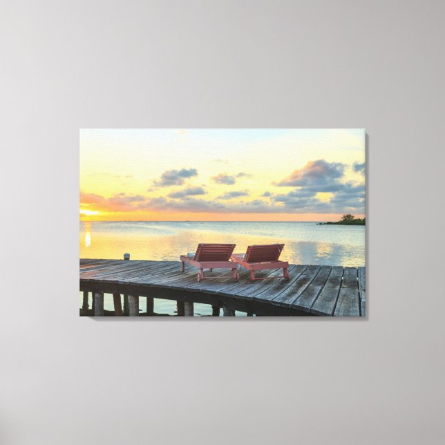 Pier overlooks the ocean, Belize Canvas Print (Front)