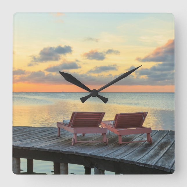 Pier overlooks the ocean, Belize Square Wall Clock (Front)