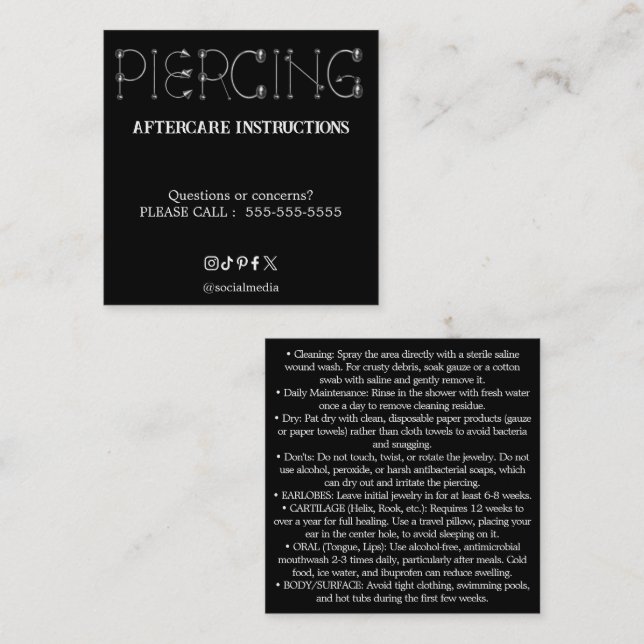Piercing Aftercare Instructions Business Card (Front/Back)