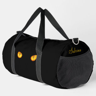 Piercing Stare Golden Eyes Black Cat with Name Duffle Bag