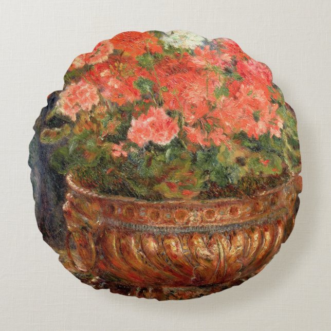 Pierre A Renoir | Geraniums in a Copper Basin Round Pillow (Front)