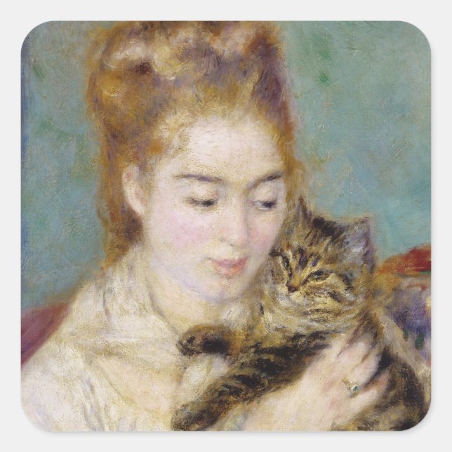 Pierre A Renoir | Woman with a Cat Square Sticker (Front)