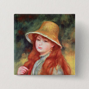 Pierre A Renoir   Young girl in a Straw Hat 2 Inch Square Button