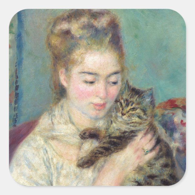 Pierre-Auguste Renoir - Woman with a Cat Square Sticker (Front)