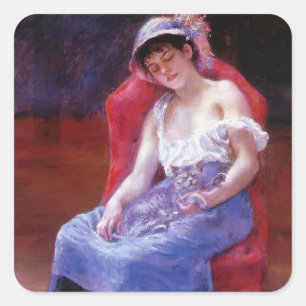 Pierre Renoir- Sleeping Girl (Girl with a Cat) Square Sticker