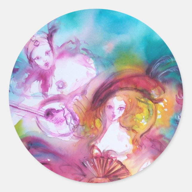 PIERROT AND ARLECCHINA Venetian Carnival, Classic Round Sticker (Front)