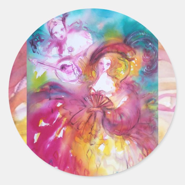 PIERROT AND ARLECCHINA Venetian Carnival, Classic Round Sticker (Front)