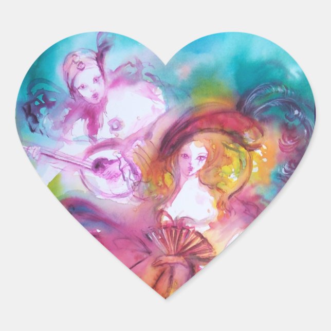 PIERROT AND ARLECCHINA Venetian Carnival, Heart Sticker (Front)