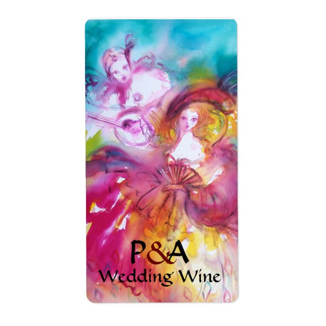 PIERROT AND ARLECCHINA Venetian Masks Wedding Wine (Front)