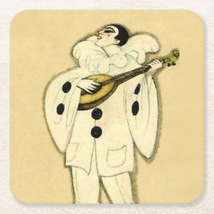 Pierrot Serenades a Crescent Moon by Sophia Chiost Square Paper Coaster