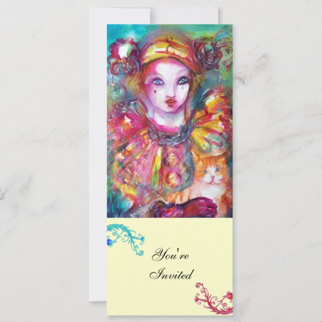 PIERROT WITH CAT / Mardi Gras Masquerade Party Invitation (Front)