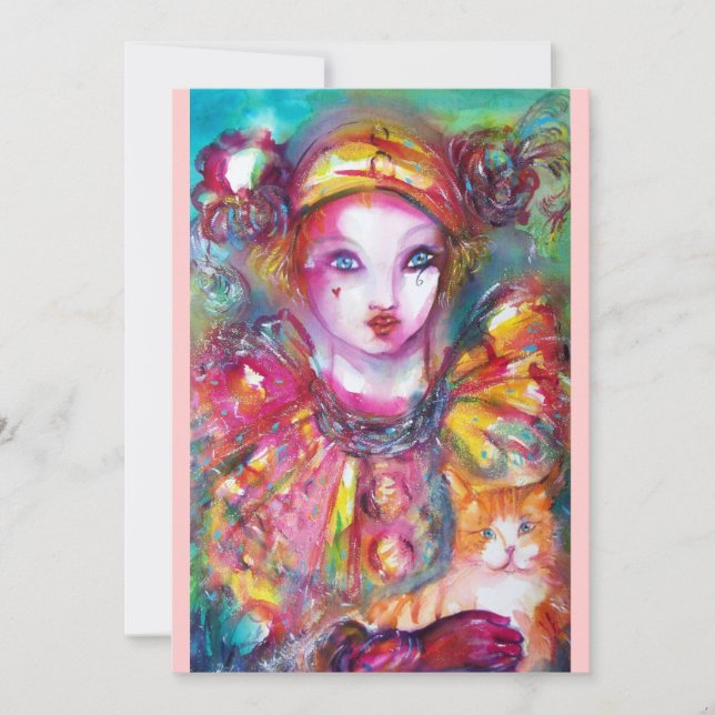 PIERROT WITH CAT / Mardi Gras Masquerade Party Invitation (Front)