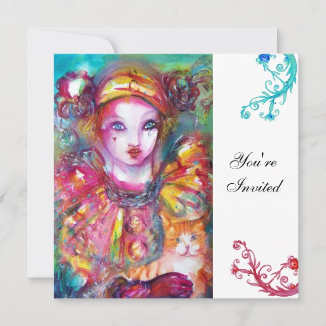 PIERROT WITH CAT / Mardi Gras Masquerade Party Invitation (Front)