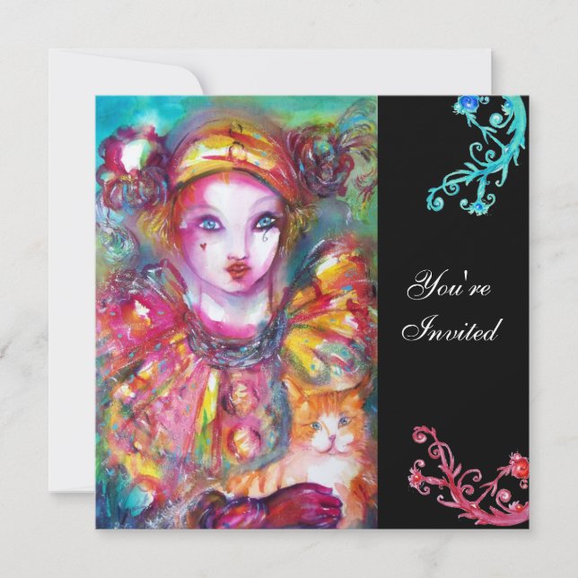 PIERROT WITH CAT / Mardi Gras Masquerade Party Invitation (Front)